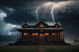 un' tempestoso notte con fulmine e un' Casa foto