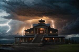 un' tempestoso notte con fulmine e un' Casa foto