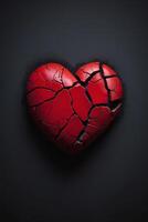 rotto cuore concetto con rosso cuore su nero sfondo foto