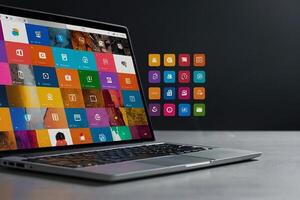 un' il computer portatile con colorato icone su il schermo foto