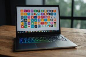 il computer portatile con icone su schermo foto