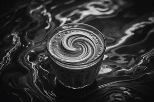 un' nero e bianca foto di un' bevanda con turbinii