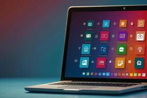 un' il computer portatile con colorato icone su il schermo foto
