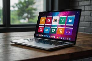 un' il computer portatile con colorato icone su il schermo foto