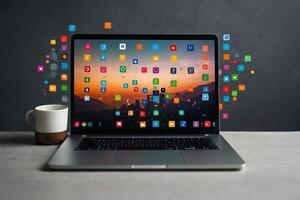 un' il computer portatile con molti colorato App icone In arrivo su di esso foto