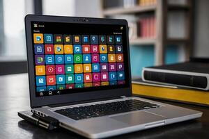 un' il computer portatile con molti colorato App icone In arrivo su di esso foto