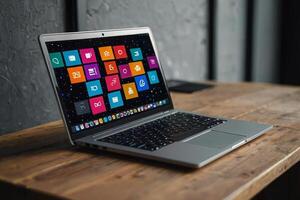 un' il computer portatile con molti colorato App icone In arrivo su di esso foto