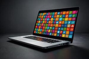 un' il computer portatile con molti colorato App icone In arrivo su di esso foto
