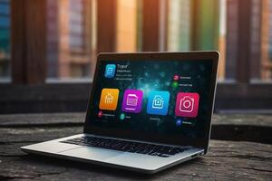 il computer portatile con App icone su schermo foto