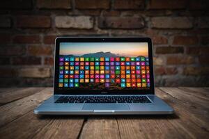 un' il computer portatile con molti colorato App icone In arrivo su di esso foto
