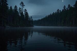 un' lago circondato di alberi e un' Luna foto