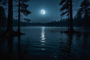 un' pieno Luna sorge al di sopra di un' lago a notte foto