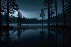 un' pieno Luna sorge al di sopra di un' lago a notte foto