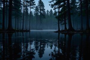 un' lago a notte con alberi e Luna nel il cielo foto