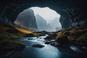 un' fiume flussi attraverso un' grotta nel il montagne foto