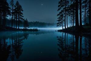 un' lago a notte con alberi e Luna nel il cielo foto