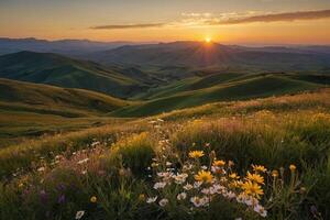 fiori selvatici e erboso colline a tramonto foto