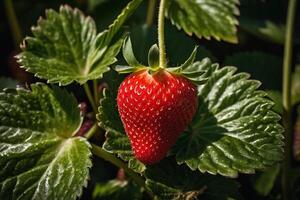 un' fragola è seduta su un' verde foglia foto