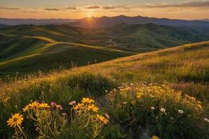 fiori selvatici fioritura nel il montagne a tramonto foto