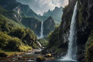 un' cascata nel il montagne con un' blu cielo foto