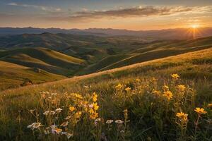 fiori selvatici e montagne a tramonto foto