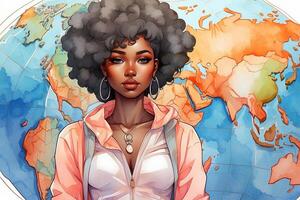 un illustrazione di un' donna con afro capelli e un' carta geografica di il mondo foto