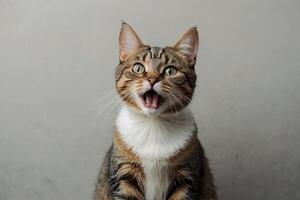 un' gatto con suo bocca Aperto e suo occhi largo Aperto foto