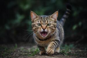 un' gatto a piedi su il terra con suo bocca Aperto foto