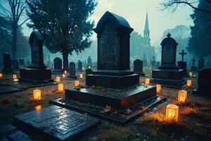 un' cimitero con candele illuminato nel il pioggia foto