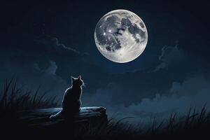 un' gatto seduta su un' collina guardare a il Luna foto