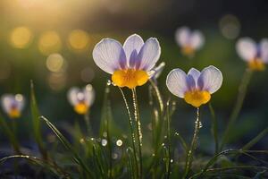 blu fiori nel il erba a tramonto foto