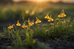 giallo fiori nel un' campo a tramonto foto