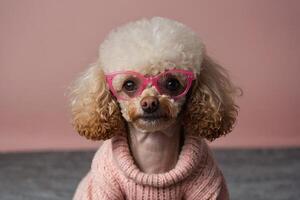 un' barboncino indossare rosa bicchieri e un' maglione foto
