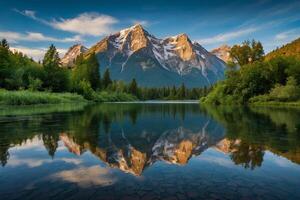 un' pittura di un' montagna fiume e alberi foto