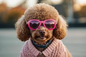 un' barboncino indossare rosa bicchieri e un' maglione foto