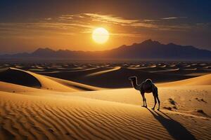 un' cammello è a piedi attraverso il deserto a tramonto foto