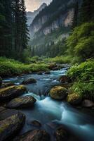 un' fiume flussi attraverso un' foresta con montagne nel il sfondo foto