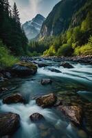 un' fiume flussi attraverso un' foresta con montagne nel il sfondo foto