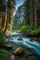 naturale paesaggio con un' fiume e rapide contro un' foresta sfondo foto