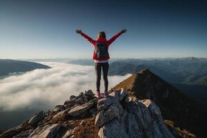 donna in piedi su superiore di montagna con braccia disteso foto