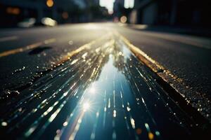 un' pozzanghera di acqua su il strada con un' riflessione di il sole foto