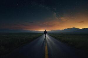 un' uomo a piedi giù il mezzo di un vuoto strada a notte foto