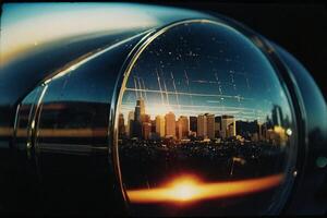 un' città orizzonte è riflessa nel un' bicchiere sfera foto
