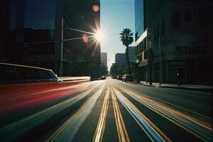 un' auto guida giù un' città strada con il sole splendente foto