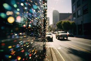 un' auto guida giù un' strada con colorato luci foto