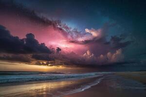 un' colorato tempestoso cielo al di sopra di il oceano e sabbia foto