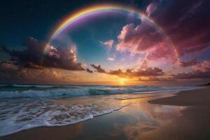 un' colorato tramonto al di sopra di il oceano e spiaggia foto