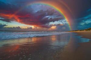 un' colorato tramonto al di sopra di il oceano e spiaggia foto