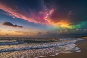 un' arcobaleno è visto al di sopra di il oceano a notte foto