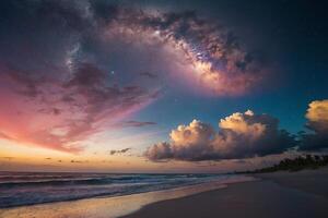 un' arcobaleno è visto al di sopra di il oceano a notte foto